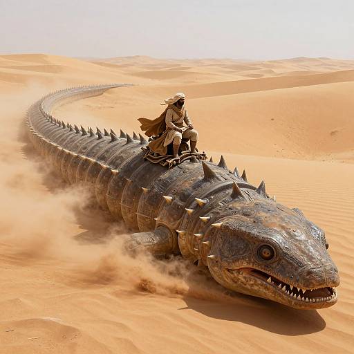 Digital artwork: Adventurer in brown cloak and wide-brimmed hat rides massive, spiked, dragon-like creature through swirling orange desert sand dunes.