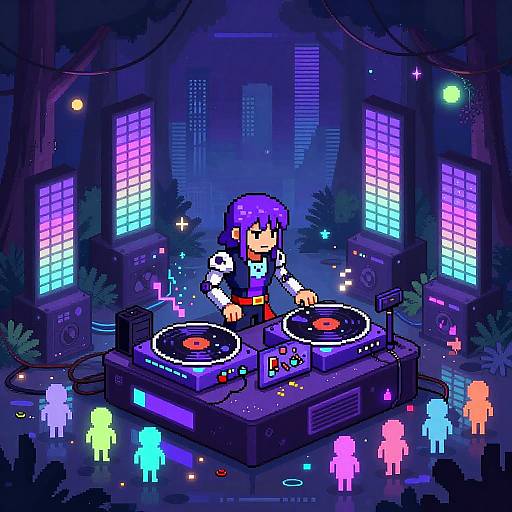 Pixel art of a purple-haired DJ spinning records in a neon-lit, futuristic forest, surrounded by colorful, glowing humanoid figures.