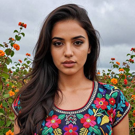 Photograph of a young woman with long, dark hair, wearing a colorful floral embroidered top, standing in a field of orange flowers under a cloudy sky