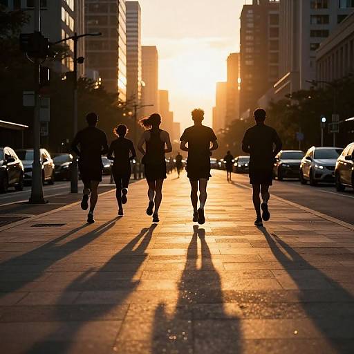 Silhouetted runners, backlit sunset, urban street, long shadows, city buildings, cars parked, golden light, evening, four people,