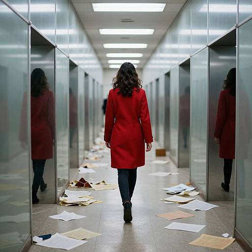 Woman in Crimson Coat in Mirrored Corridor
