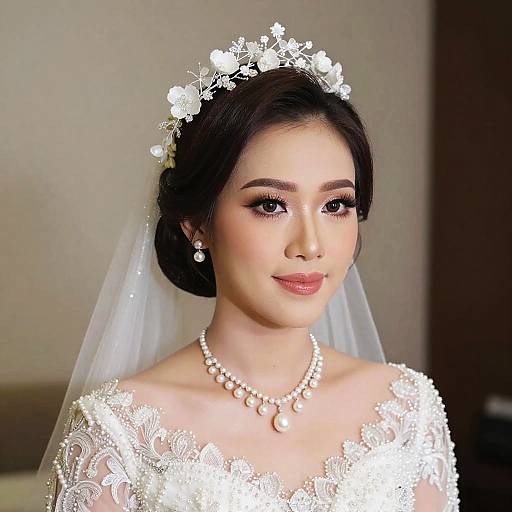 Photograph of an Asian bride with fair skin, dark hair in an updo, floral tiara, lace wedding dress, pearl necklace, veil,