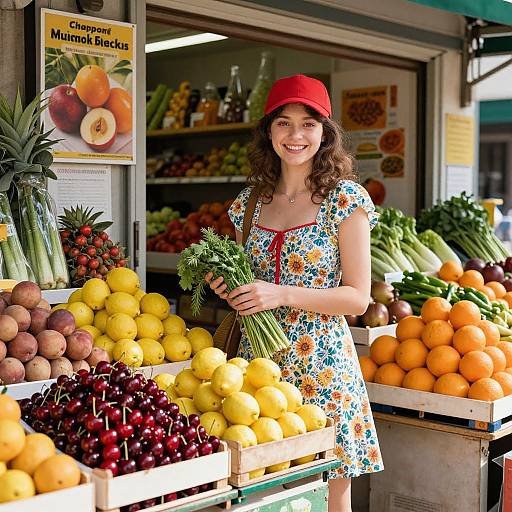 Photograph of a smiling young woman with curly brown hair, wearing a red cap and floral dress, standing in a vibrant fruit market stall, holding a