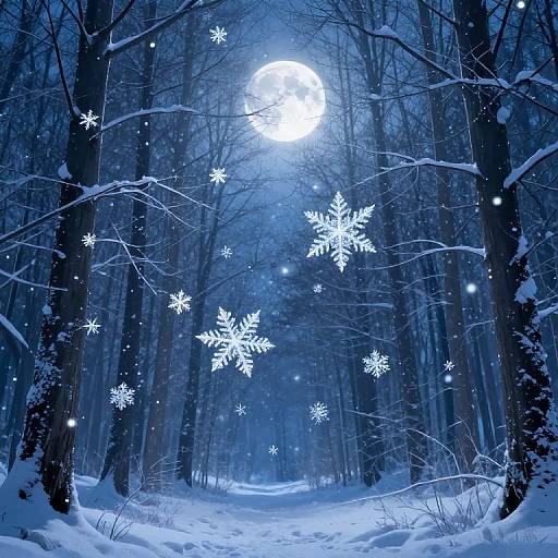 Moonlit winter forest with glowing white snowflakes, snow-covered trees, and a bright full moon above, creating a magical, ethereal scene.