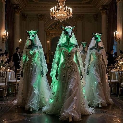 Photograph of four anthropomorphic wolf figures in glowing green-lit white wedding gowns with floral patterns, veils, and crown headpieces, walking