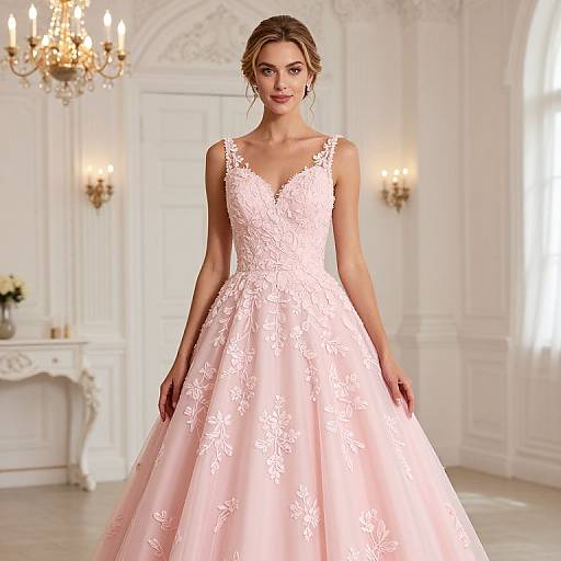 Photograph of a smiling brunette woman in a pink lace-embellished ball gown, standing in an elegant, white-walled, chandelier-l