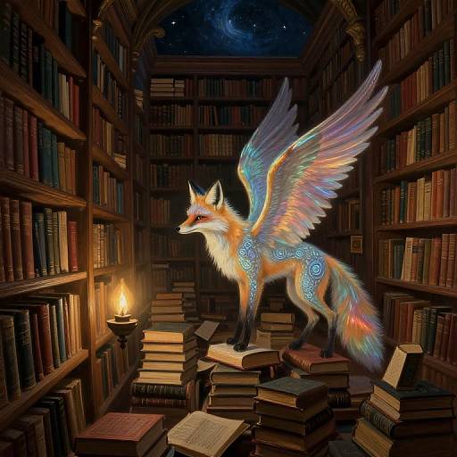 Digital fantasy art: A colorful, winged fox with glowing blue patterns stands on stacks of books in a dimly lit, arched library with a