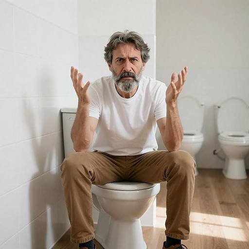 Middle-Aged Man on Toilet in Sunlight