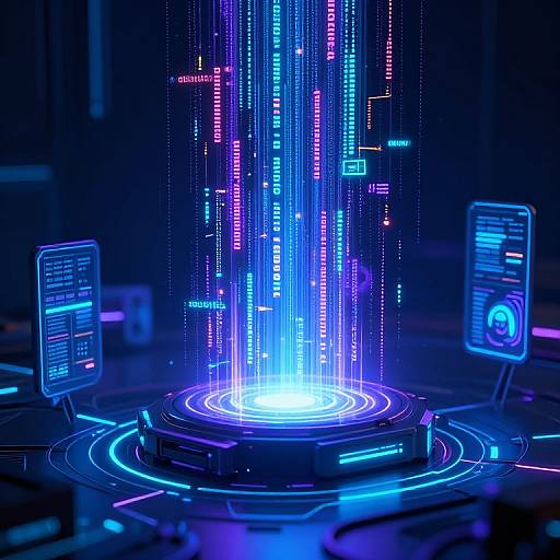 Neon-lit futuristic sci-fi image: vertical blue and purple digital lines descending from a glowing circular platform, flanked by two holographic control panels