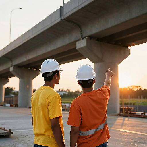 Photograph of two male construction workers in yellow and orange shirts, white helmets, pointing under an overpass at sunset.