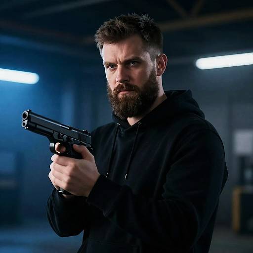 Intense Bearded Man in Industrial Setting