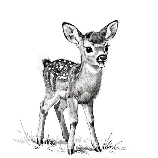 Black-and-white digital drawing of a young deer with large ears, spotted back, and curious expression, standing on grass.