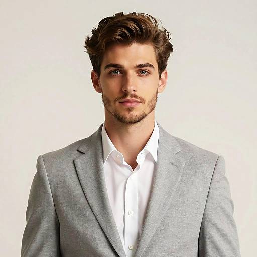 Photograph of a handsome, young man with wavy brown hair, light stubble, wearing a light gray suit over a white shirt, against a