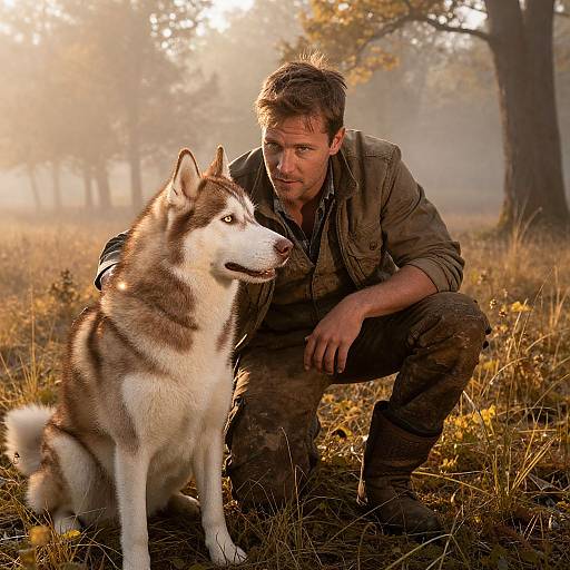 Photograph of a rugged man in camouflage crouching beside a large, alert husky with white and brown fur in a misty, sunlit