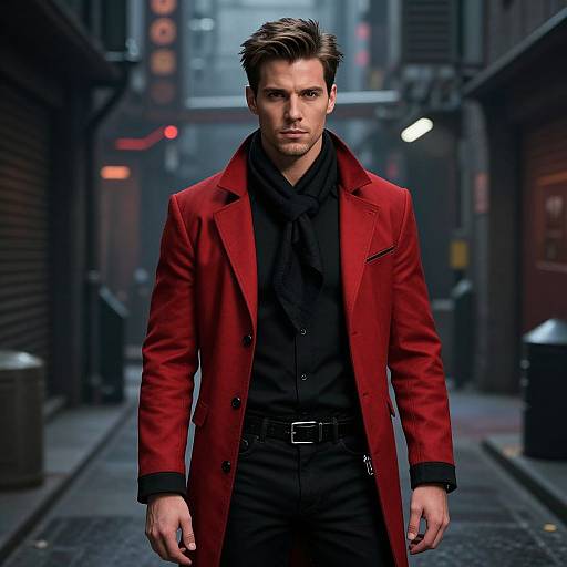 Photograph of a handsome, serious-looking man with short, dark brown hair, wearing a bold red coat over a black shirt and pants, standing in