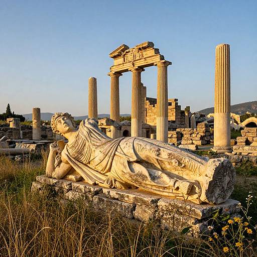 Photograph of a sunlit ancient Greek ruin featuring a reclining marble statue of a draped figure, surrounded by tall columns and a partially intact temple against