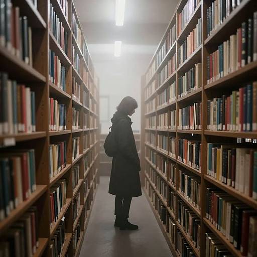 Photograph of a solitary figure in a long coat, backpack, and hat, standing in a misty, narrow library aisle between tall, filled book