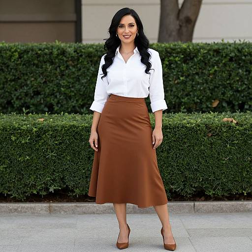 Photograph of a smiling woman with long black hair, wearing a white blouse and brown skirt, standing on a sidewalk in front of trimmed green hedges