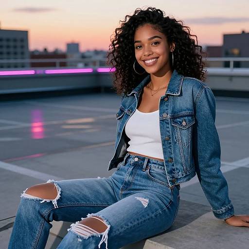 Trendy Teen Girl in Denim at Sunset