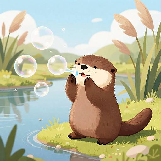 Happy Otter Blowing Rainbow Bubbles