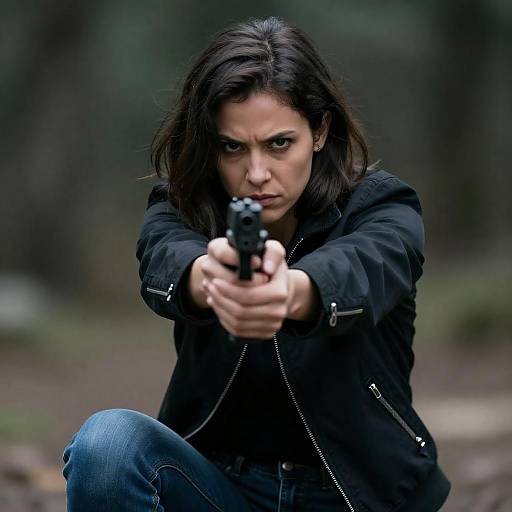 Crouching Woman Aiming Handgun Close-Up