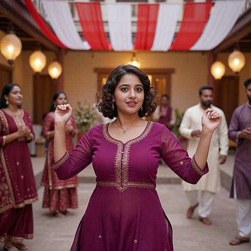 Photograph of a smiling Indian woman with curly black hair in a maroon traditional dress, raising her hands, standing in a courtyard with red and white