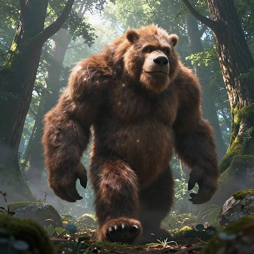 CGI image of a large, muscular brown bear with sharp claws, walking through a misty, sunlit forest with tall trees and moss-covered rocks