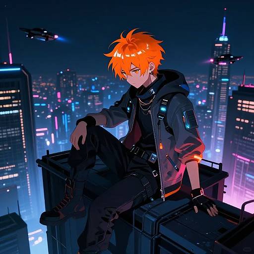 Digital anime-style drawing of a neon-orange-haired boy in a black hoodie and jacket, sitting on a rooftop at night, with a vibrant, glowing city