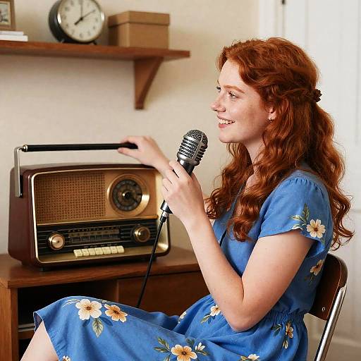 Vintage Radio Scene with Smiling Woman