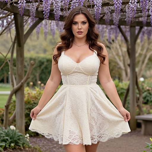 Photograph of a curvy, brunette woman with wavy hair, wearing a white lace, V-neck, sleeveless dress, standing in a garden