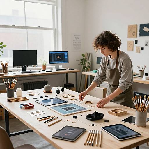 Photograph of a curly-haired woman in a gray apron, working at a wooden desk in a bright, modern workspace, surrounded by art supplies and