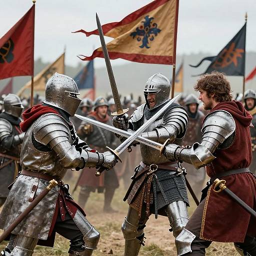 Photograph of medieval battle scene: Two armored knights in silver helmets and chainmail duel with swords, red and gold flags in background, other knights watching
