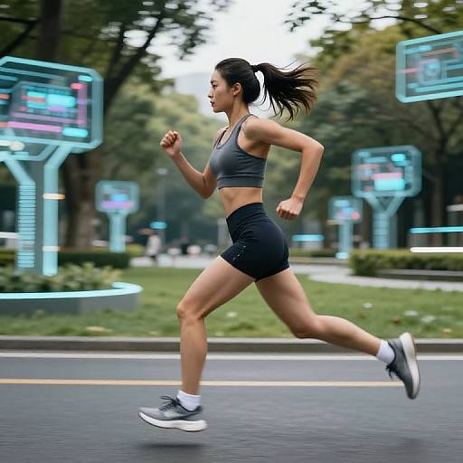 Photograph of a fit, young Asian woman jogging on a road, wearing a gray sports bra, black shorts, and gray sneakers, with futuristic digital