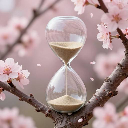 Photograph of a clear glass hourglass on a blossoming cherry branch, surrounded by soft pink flowers and blurred petals.