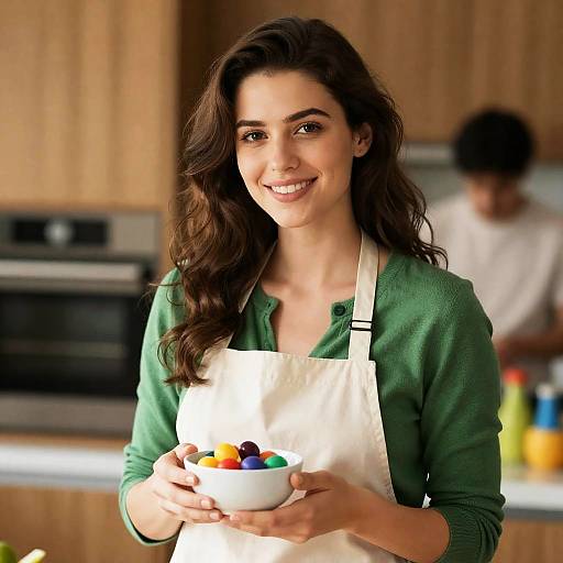 Cheerful Woman in Cozy Kitchen Scene