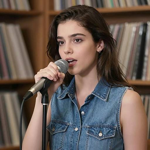 Intense Young Singer in Denim Shirt