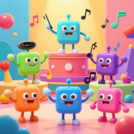 Colorful CGI image of six cheerful, cube-shaped cartoon robots with arms and legs, singing and dancing around a pink stage with musical notes. Background features