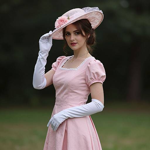 Photograph of a young woman in a pink Victorian-style dress and white gloves, wearing a white lace hat with a pink flower, standing in a green