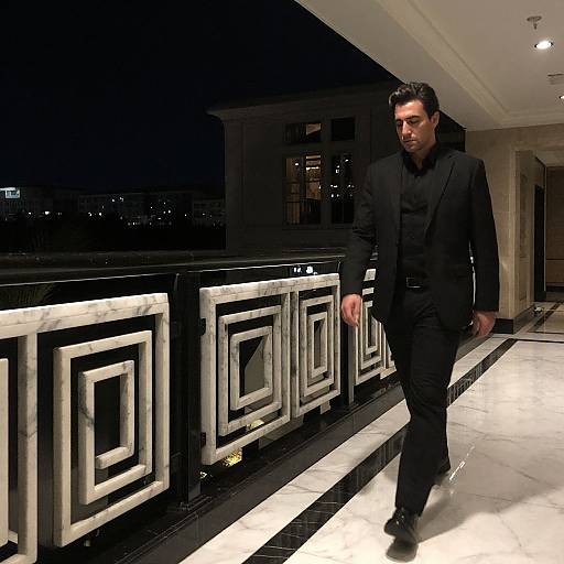 Photograph of a man in a black suit and shirt, walking on a marble balcony at night, with geometric-patterned black and white railing. City
