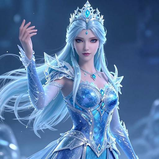 Digital rendering of a beautiful, icy-blue-haired queen in sparkling, ice-themed armor and crown, with flowing hair and a raised hand.