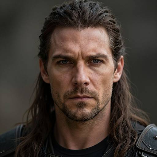 Photograph of a serious, bearded man with long dark brown hair, blue eyes, and rugged facial features, wearing dark armor. Mysterious,