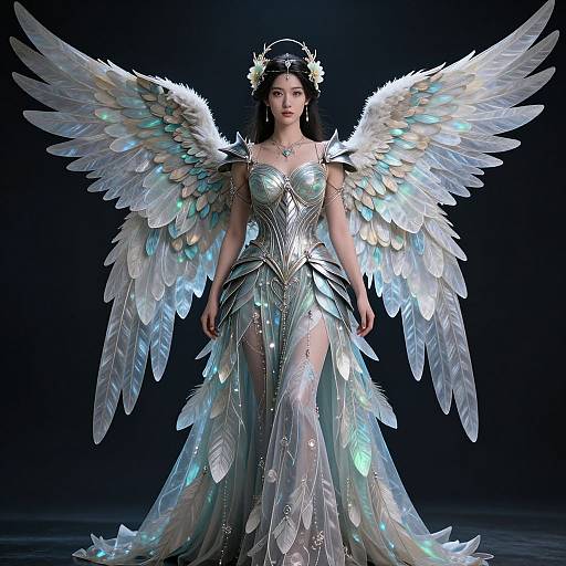 Photograph of a stunning woman with large, white, glowing angel wings wearing a shimmering silver gown and floral headpiece, standing against a dark background
