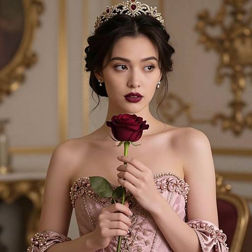 Photograph of a pale-skinned, dark-haired woman with a gold tiara, wearing a pink, off-shoulder, beaded dress,