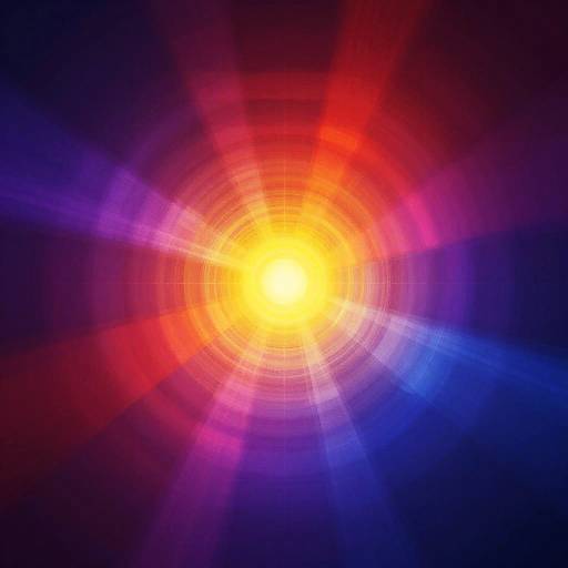 Bright, colorful digital abstract image with a central glowing yellow light surrounded by red, purple, and blue radiating beams.
