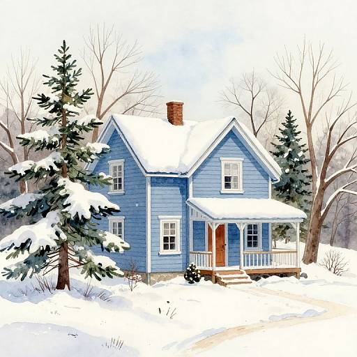 Illustration of a blue, two-story house with snow-covered roof and porch, surrounded by snow-laden evergreen trees and bare trees, under a