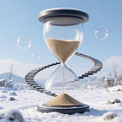 Photograph of a clear hourglass with black spiral base, filled with sand, on snowy ground with bubbles and a bright blue sky background.