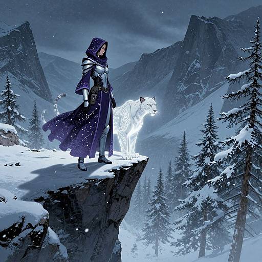 Digital fantasy art: A hooded, armored woman in a flowing blue cloak stands on a snowy cliff, illuminated by a glowing white wolf amidst a snowy