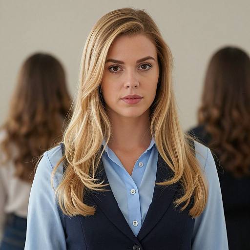 Photograph of a blonde woman with wavy hair, wearing a light blue shirt and navy vest, standing against a blurred background with two other women.