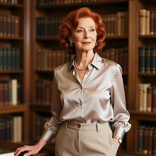 Photograph of an elegant older woman with red curly hair, wearing a satin blouse and beige pants, standing in a library with wooden bookshelves in