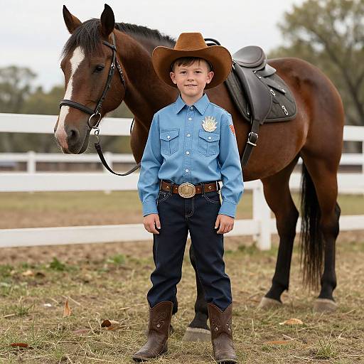 Young boy in blue sheriff's uniform and brown cowboy hat stands in front of a brown horse with saddle in a grassy, fenced field. Photograph.